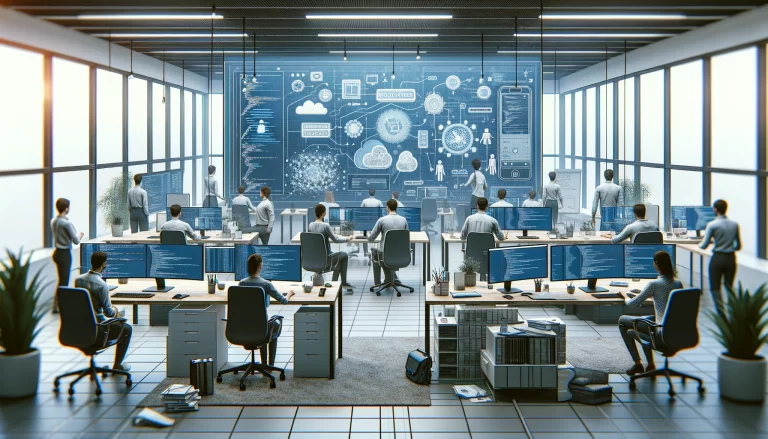 DALL·E 2024-05-14 23.26.52 - A landscape digital artwork for a blog article depicting the concept of microservices architecture in a more realistic tech office setting