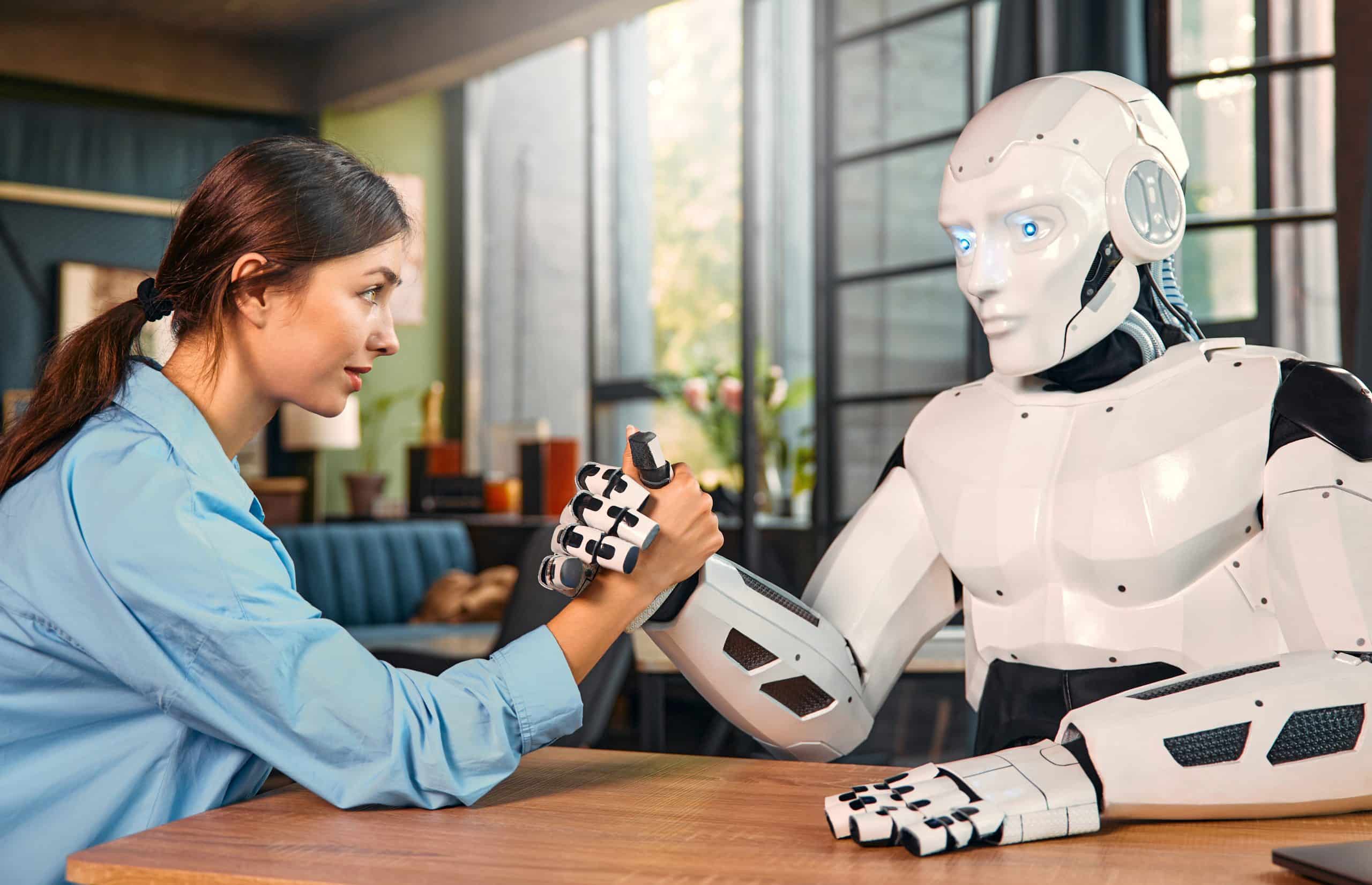 Young woman and humanoid robot doing arm wrestling while sitting at a table in a modern office. Collaboration between humans and artificial intelligence.